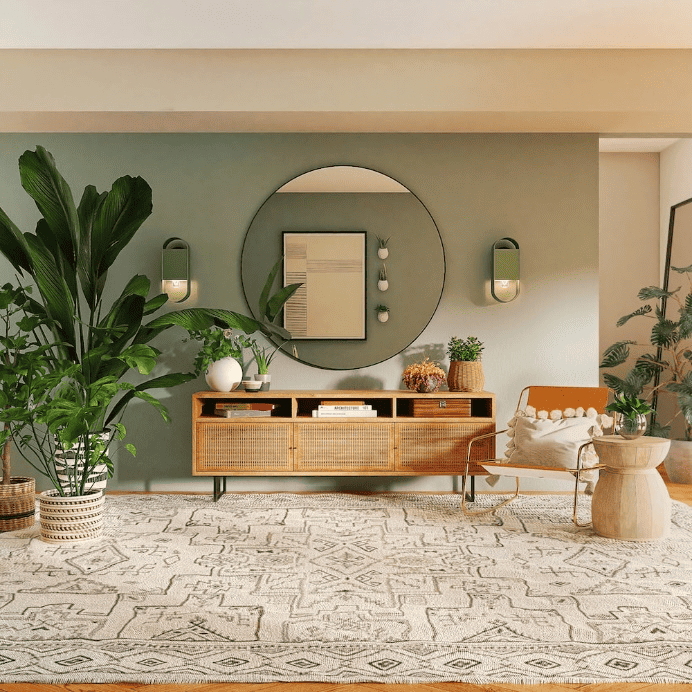 A living room decorated with indoor plants.